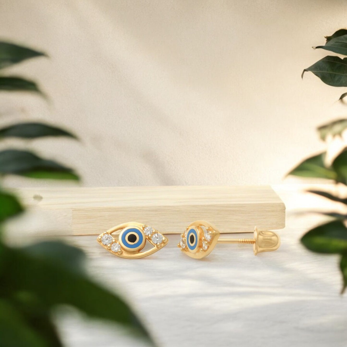 14K Solid Gold Cubic Zirconia evil eye Baby
Earrings