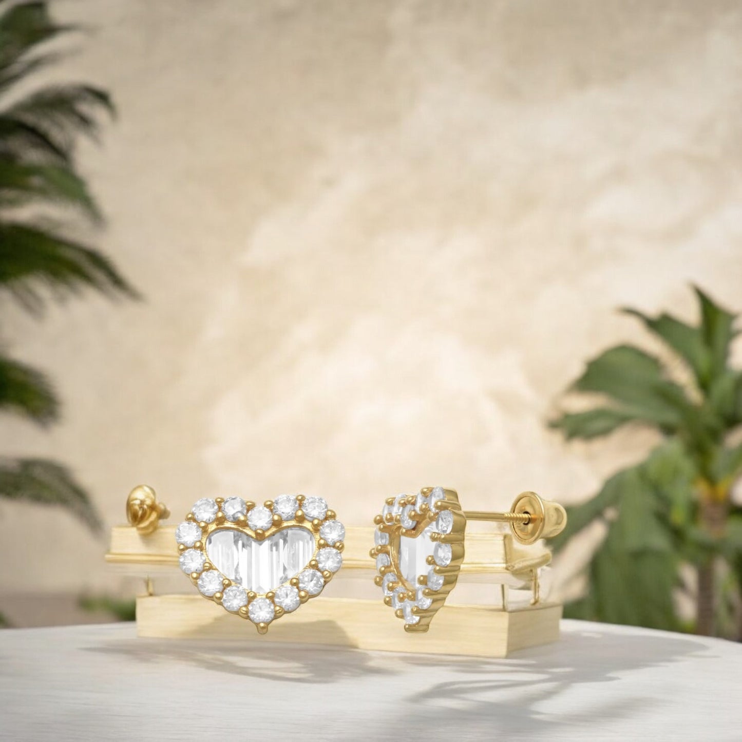 14K Solid Gold Baguette CZ
Heart Screw-back Stud
Earrings