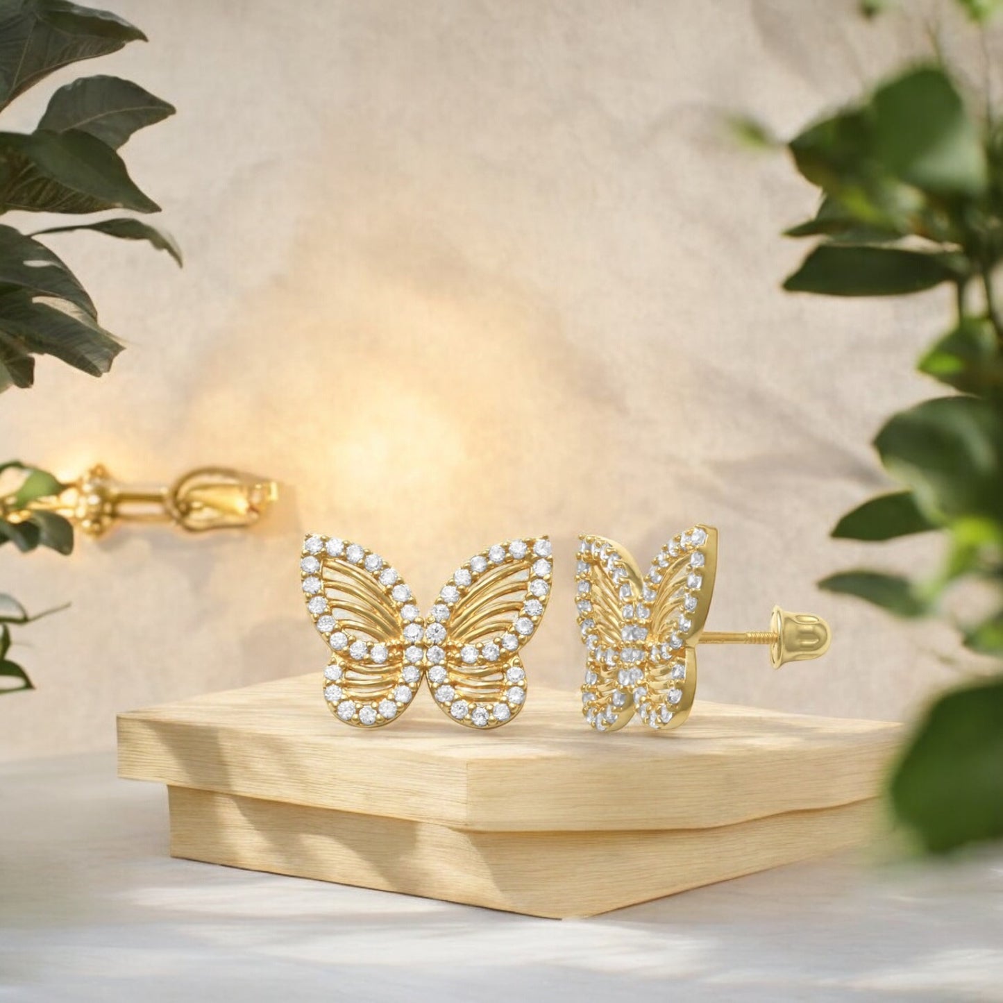14K Solid Gold Cubic
Zirconia Butterfly Screw-back Stud Earrings