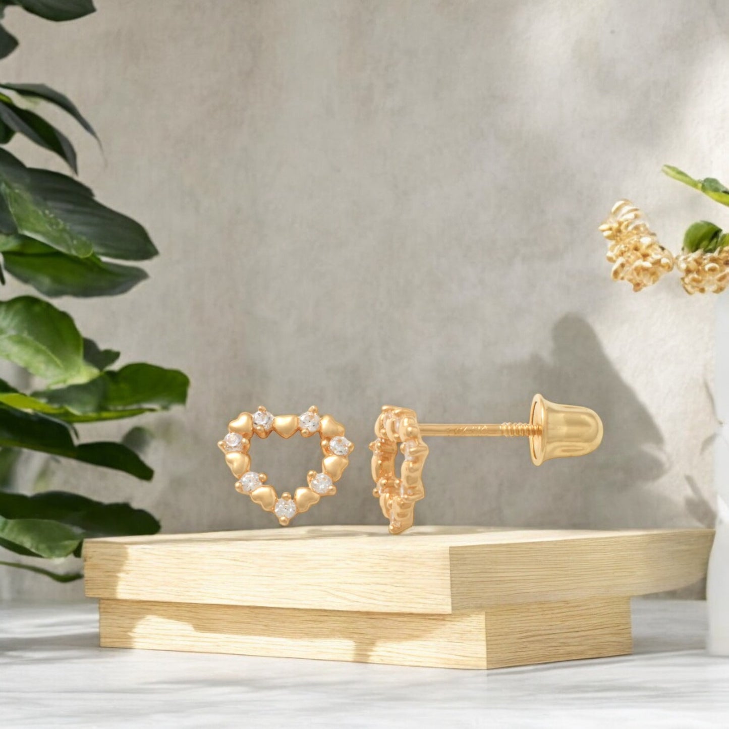 14K Solid Gold Cubic
Zirconia Heart Baby Earrings